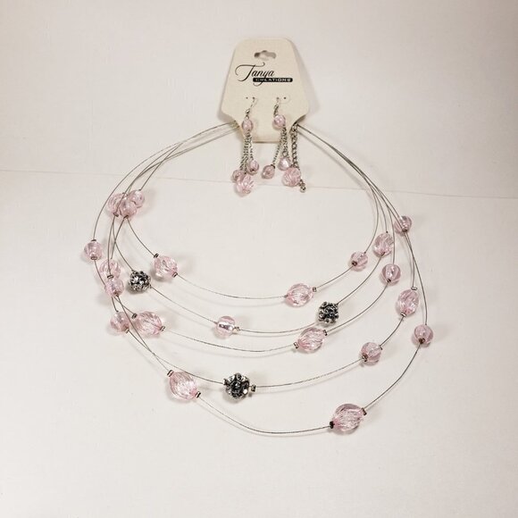 Elegant Light Pink Beaded Illusion Necklace Set – Silver-Tone Matching Earrings - Picture 9 of 9